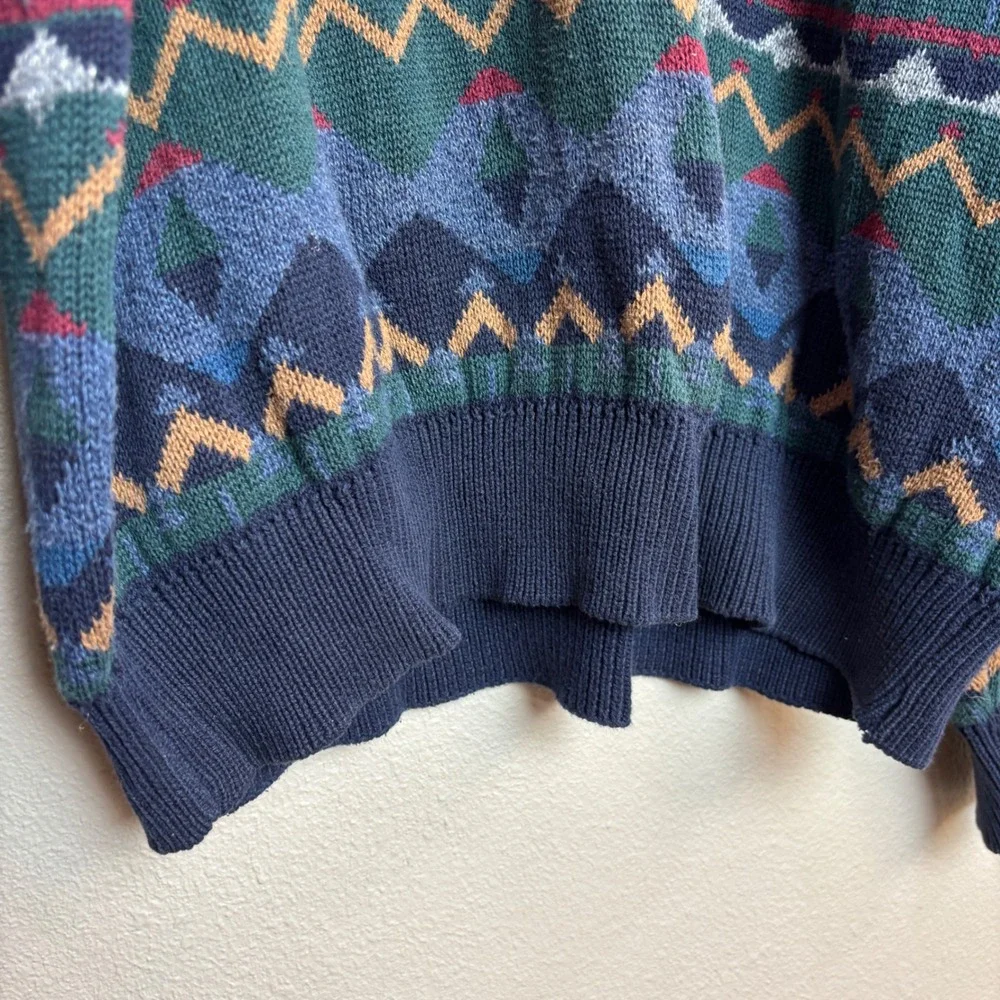 Vintage Mens Large L Cotton Geometric Knit Sweater USA Grandpa Eclectic‎ Blue